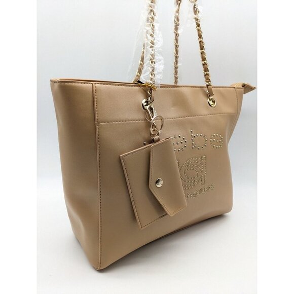 Bebe Allegro Faux-leather Medium Tote + Card case Charm 2 Piece Set - Tan - Picture 12 of 16